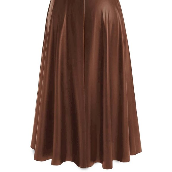 Coffee Brown Preppy Womens Plus Solid PU Leather Flare Skirt - Picture 2 of 5